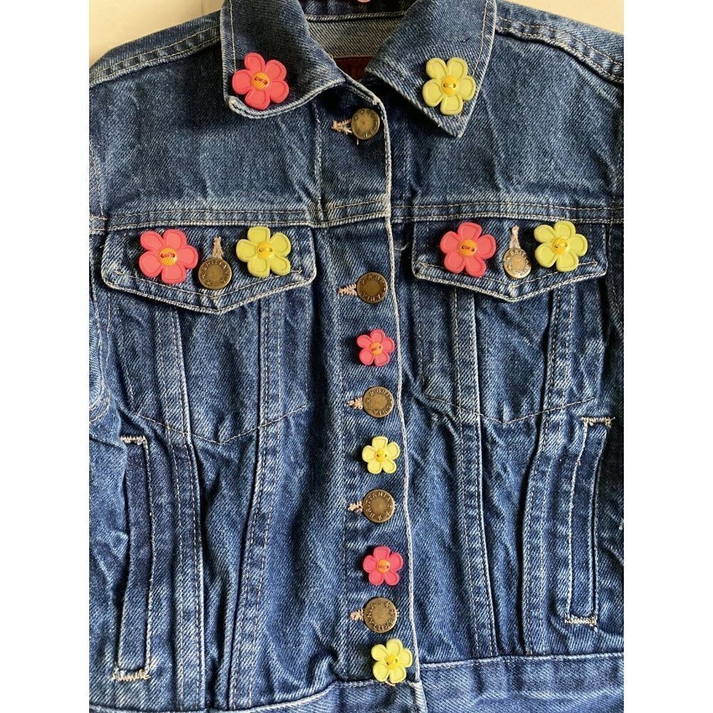 Brittania Sz 5-6 Girl’s Denim Blue Jean Jacket Flower Accents Made in the USA‎